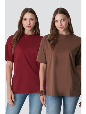 C&city Bisiklet Yaka Kısa Kol 2'li Casual Basic T-Shirt 961 Kahverengi/Bordo