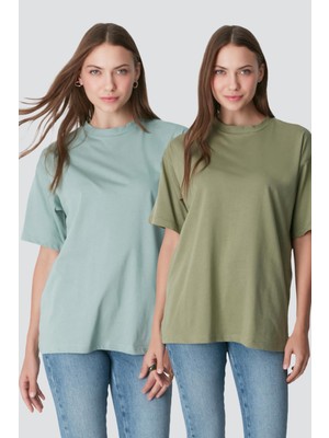 C&city Bisiklet Yaka Kısa Kol 2'li Casual Basic T-Shirt 961 Haki/Çağla