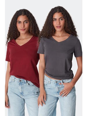 C&city V Yaka Kısa Kol 2'li Basic T-Shirt 962 Füme/Bordo