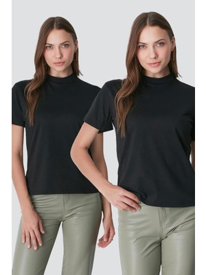 C&city Dik Yaka Kısa Kol 2'li Basic T-Shirt 957 Siyah