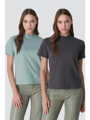 C&city Dik Yaka Kısa Kol 2'li Basic T-Shirt 957 Çağla/Füme