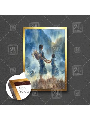 SML Tablo Çiçek Toplayan Anne ve Kızı Doğa Manzara Çerçeveli Dikey Kanvas Tablo