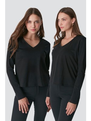 C&city V Yaka Uzun Kol 2'li Basic T-Shirt 954 Siyah