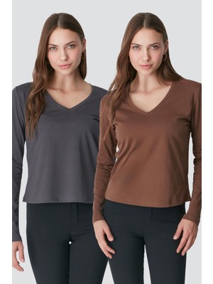 C&city V Yaka Uzun Kol 2'li Basic T-Shirt 954 Füme/Kahverengi