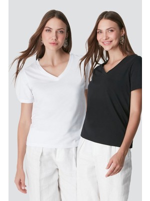 C&city V Yaka Kısa Kol 2'li Basic T-Shirt 962 Siyah/Beyaz