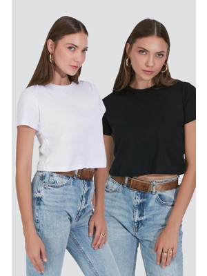C&city Bisiklet Yaka Kısa Kol 2'li Crop T-Shirt 956 Siyah/Beyaz