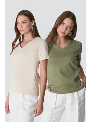 C&city V Yaka Kısa Kol 2'li Basic T-Shirt 962 Haki/Bej