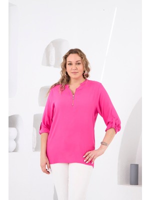 Rmg Yaka Fermuar Detaylı Büyük Beden Fuşya Bluz