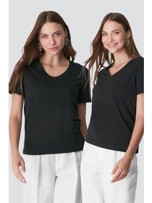 C&city V Yaka Kısa Kol 2'li Basic T-Shirt 962 Siyah