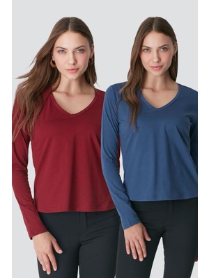 C&city V Yaka Uzun Kol 2'li Basic T-Shirt 954 İndigo/Bordo