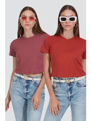 C&city Bisiklet Yaka Kısa Kol 2'li Crop T-Shirt 956 Kiremit/Gül Kurusu