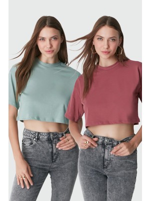 C&city Bisiklet Yaka 2'li Crop T-Shirt 959 Çağla/Gül Kurusu