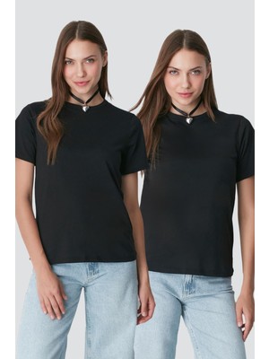 C&city Bisiklet Yaka Kısa Kol 2'li Basic T-Shirt 960 Siyah