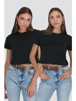 C&city Bisiklet Yaka Kısa Kol 2'li Crop T-Shirt 956 Siyah