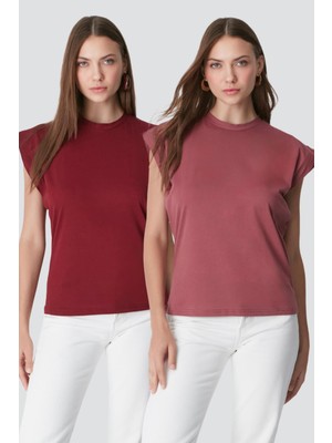 C&city Bisiklet Yaka Kısa Kol 2'li Basic T-Shirt 958 Gül Kurusu/Bordo