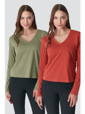 C&city V Yaka Uzun Kol 2'li Basic T-Shirt 954 Haki/Kiremit
