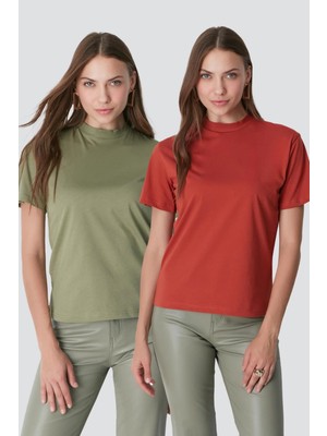C&city Dik Yaka Kısa Kol 2'li Basic T-Shirt 957 Haki/Kiremit