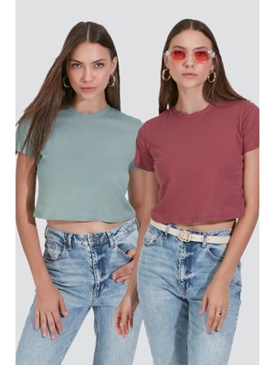 C&city Bisiklet Yaka Kısa Kol 2'li Crop T-Shirt 956 Çağla/gül Kurusu