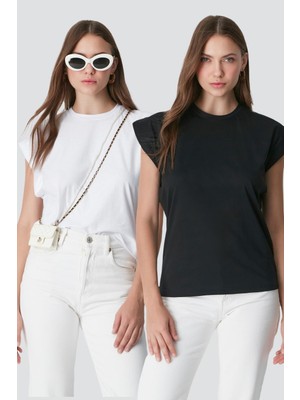 C&city Bisiklet Yaka Kısa Kol 2'li Basic T-Shirt 958 Siyah/Beyaz