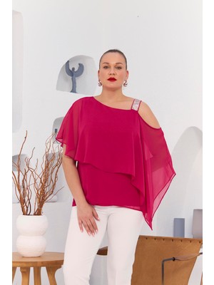 Rmg Omuz Taş Detay Içlikli Şifon Büyük Beden Bluz Fuşya
