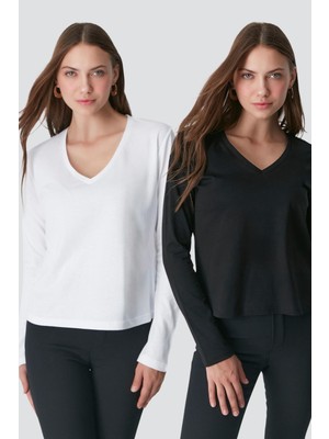 C&city V Yaka Uzun Kol 2'li Basic T-Shirt 954 Siyah/Beyaz