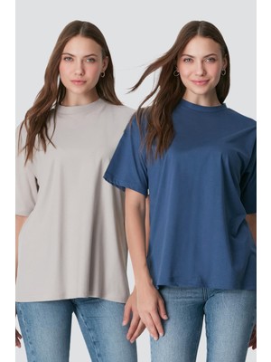 C&city Bisiklet Yaka Kısa Kol 2'li Casual Basic T-Shirt 961 İndigo/Gri