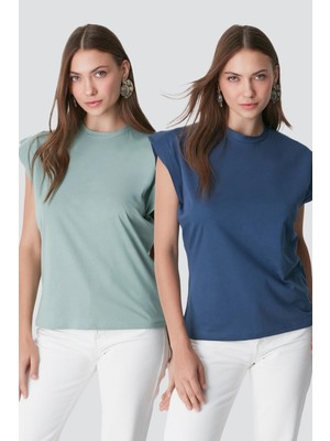 C&city Bisiklet Yaka Kısa Kol 2'li Basic T-Shirt 958 Çağla/indigo