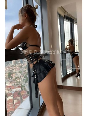 Mulvix Mulvxjrt JRT02 Püskül Detaylı Siyah Deri Korse Sütyen Harness Takım (Mulvix)