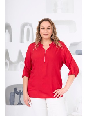 Rmg Yaka Fermuar Detaylı Büyük Beden Kırmızı Bluz