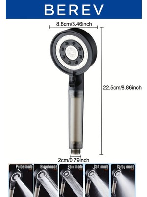 Berev Filtreli 5 Fonksiyonlu Siyah Yüksek Basınçlı Ayarlanabilir Duş Başlığı 150 cm Siyah Hortum Mafsallı Set