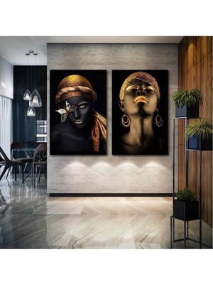 Ar Ajans Kanvas Tablo Afrikalı Siyahi Kadın Portre Gold African Woman Ikili Kombin 2 Li Set Kanvas Tablo