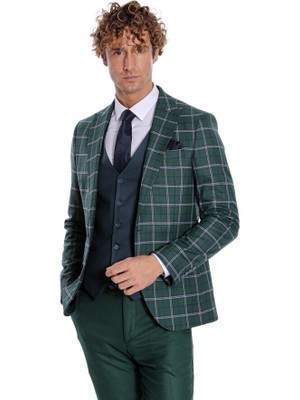 Wessi Mavi Yelekli Slim Fit Ekose Yeşil Erkek Takım Elbise - Wessi