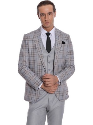 Wessi Ekose Ceketli Slim Fit Açık Gri Erkek Takım Elbise - Wessi