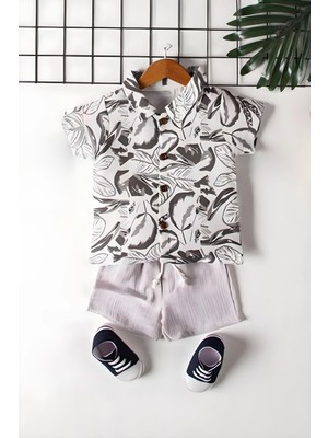 Miniğimin Cicileri Desenli Erkek Bebek Şortlu Müslin 2 li takım - Açık Gri