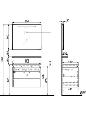 Kale Idea 2.0 80 cm Parlak Antrasit Çift Çekmeceli Banyo Dolabı Takımı 610100200527