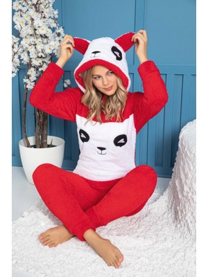 Altınay Panda Model Kapüşonlu Polar Kadın Pijama Takımı