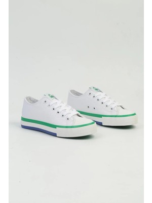 Benetton BNI-10031 Ithal Beyaz Yeşil Kadın Keten Sneaker Spor Ayakkabı V2