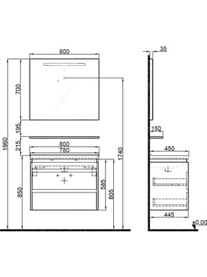 Kale Idea 2.0 80 cm Pasifik A Çift Çekmeceli Banyo Dolabı Takımı 610100200528