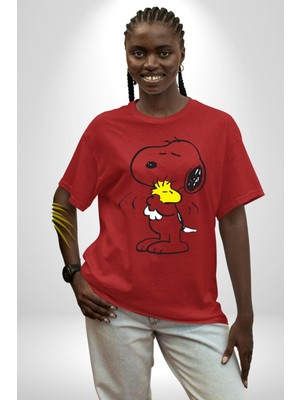 Angemiel Snoopy Kuş Sevgisi Pamuklu Bisiklet Yaka Kadın Erkek Oversize Boyfriend Dijital Baskılı Kırmızı T-Shirt