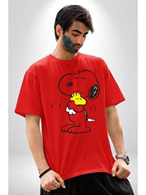 Angemiel Snoopy Kuş Sevgisi Pamuklu Bisiklet Yaka Kadın Erkek Oversize Boyfriend Dijital Baskılı Kırmızı T-Shirt