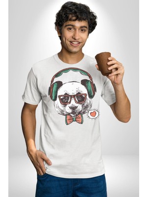 Angemiel Kulaklıklı Hipster Portre Panda Kadın Erkek Unisex Beyaz Organik Baskılı T-Shirt Penye Yüksek Kalite