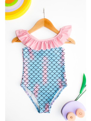 Lolli Boom Kids  Kız Çocuk Pastel Renk Balıksırtı Desen Fırfır Yaka Detaylı Mayo Yeni Sezon