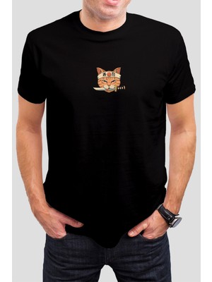 T-35 Japon Kedi Baskılı Siyah  Unisex Tişört C424