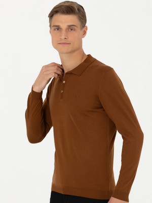 Cacharel Erkek Kahverengi Slim Fit Polo Yaka Basic Triko Kazak 50270169-VR029