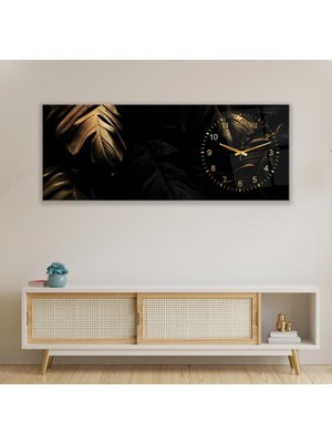 Emya Home Saatli Altın Yapraklar Cam Tablo