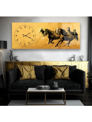 Emya Home Saatli Altın Atlar Cam Tablo