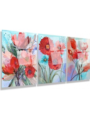 Emya Home Kırmızı Çiçekler Üçlü Cam Tablo