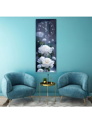 Emya Home Saatli Beyaz Gül Cam Tablo