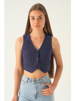 Rays 6879A Düğme Detay Çizgili Yelek Laci