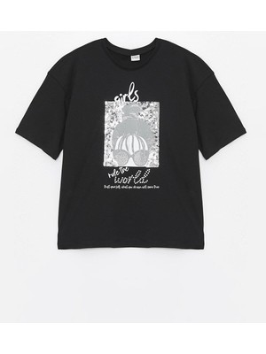 LC Waikiki Lcw Kids Bisiklet Yaka Baskılı Kısa Kollu Kız Çocuk Tişört